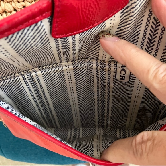 COACH 22904 Woven Straw Pocket Tote with orange/red leather accents - Picture 4 of 16